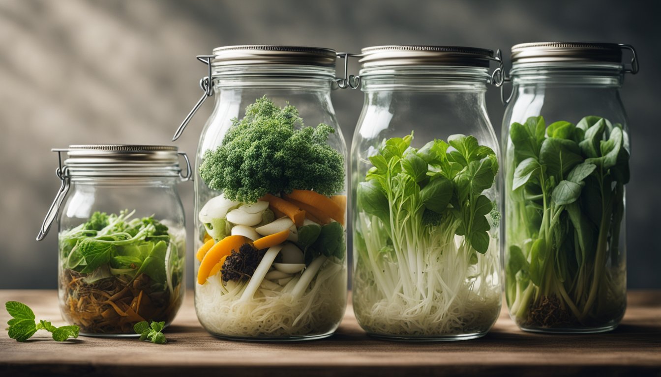 Jars of water with vegetable and herb scraps, roots beginning to develop