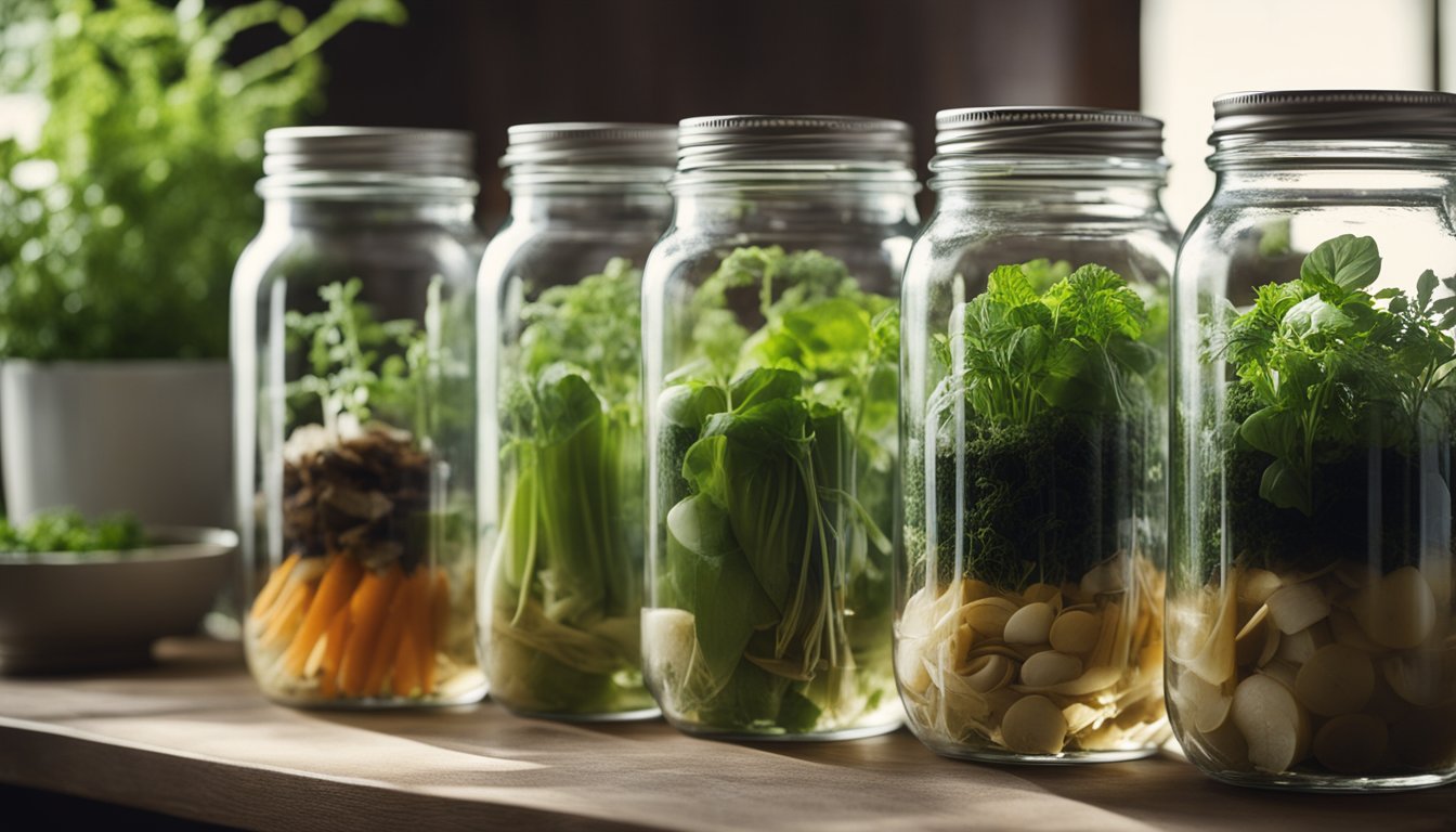 Jars of water with vegetable and herb scraps, roots beginning to develop