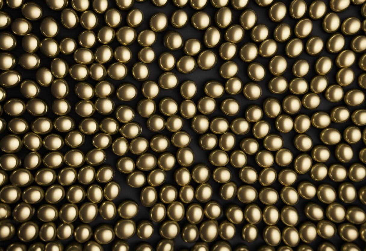 A close-up of black seed oil capsules arranged in a symmetrical pattern with soft lighting highlighting their glossy surface