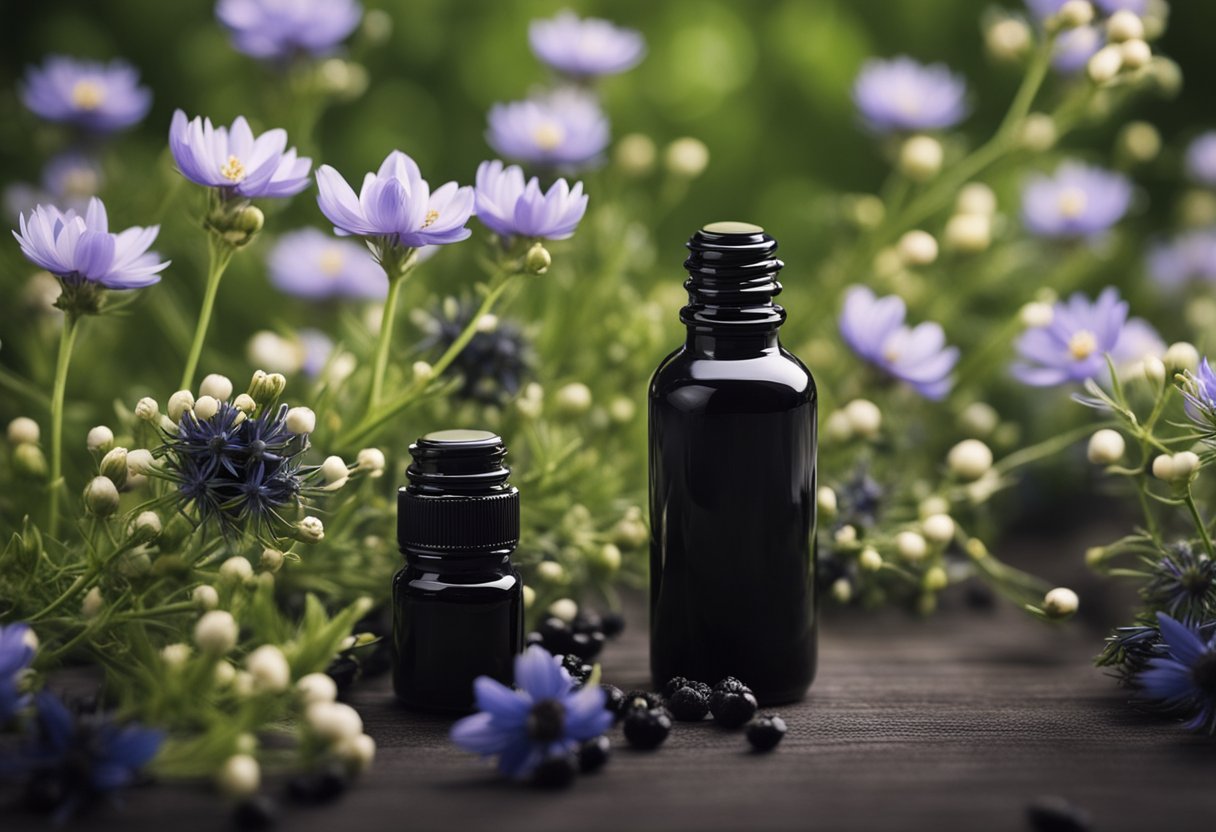 A bottle of black seed oil capsules surrounded by fresh black seeds and blooming Nigella sativa flowers