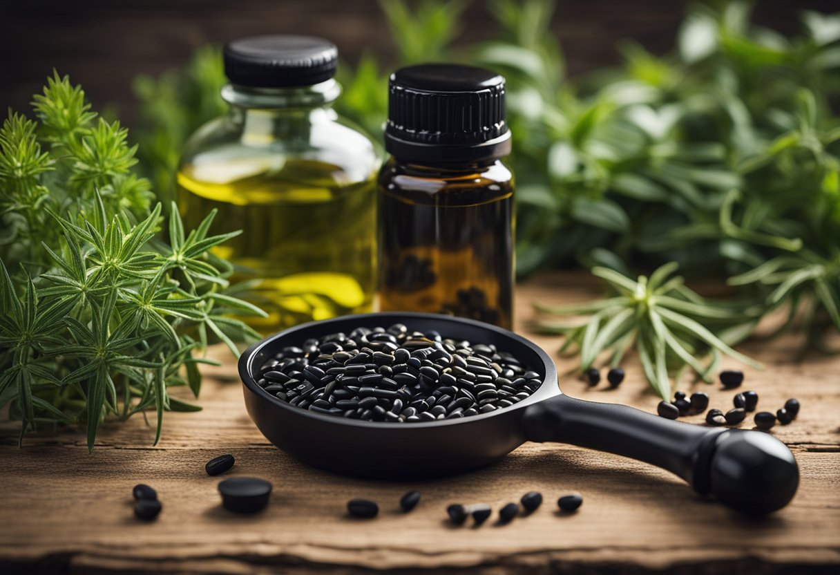 A bottle of black seed oil capsules surrounded by various herbs and plants, with a warning sign and a magnifying glass examining the capsules for potential side effects