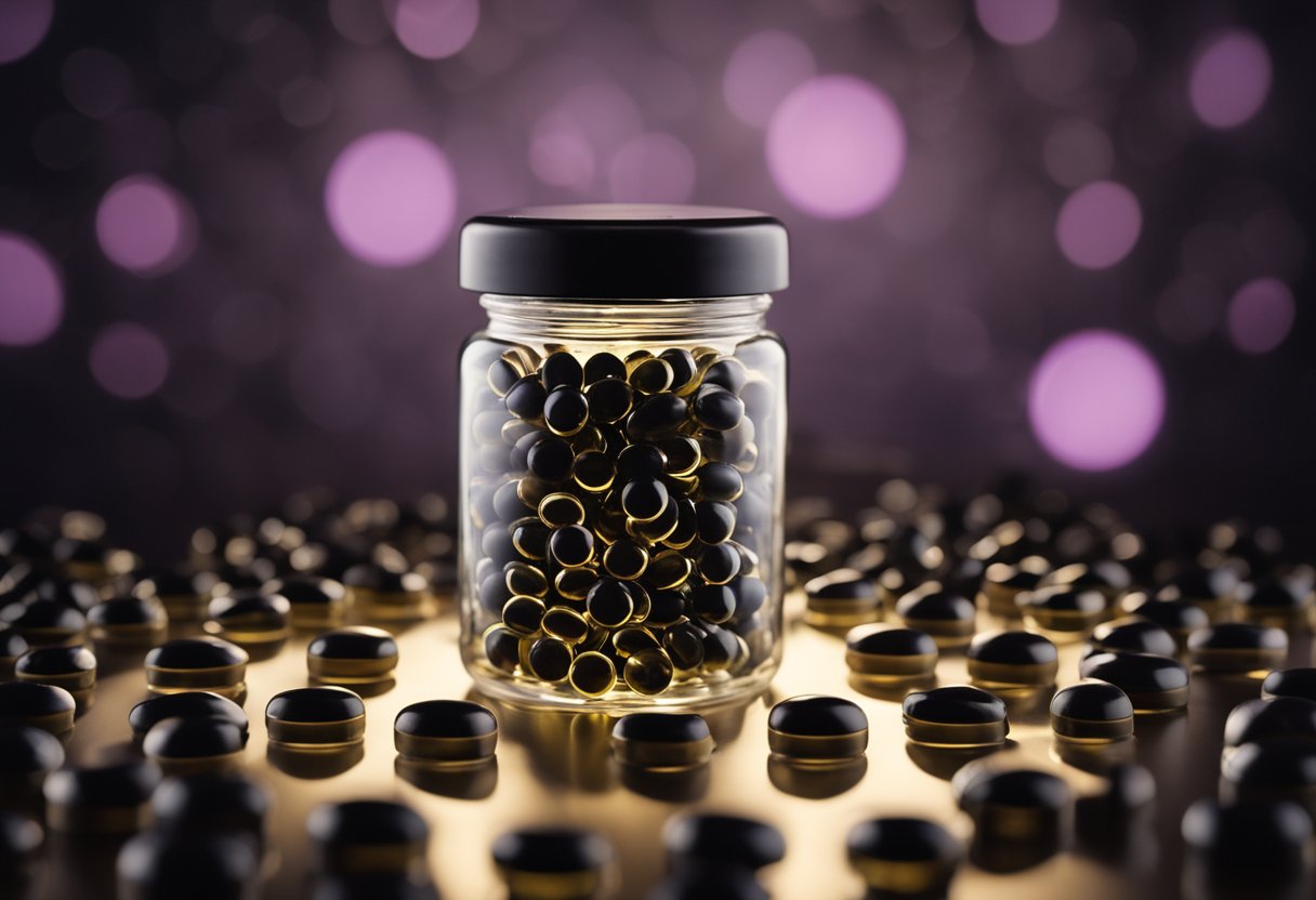 A jar of black seed oil capsules surrounded by various question marks and a spotlight shining on the product