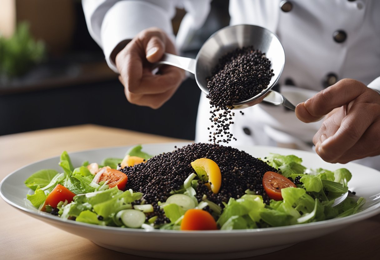 A chef sprinkles black caraway seeds onto a vibrant salad, showcasing its culinary uses and nutritional benefits