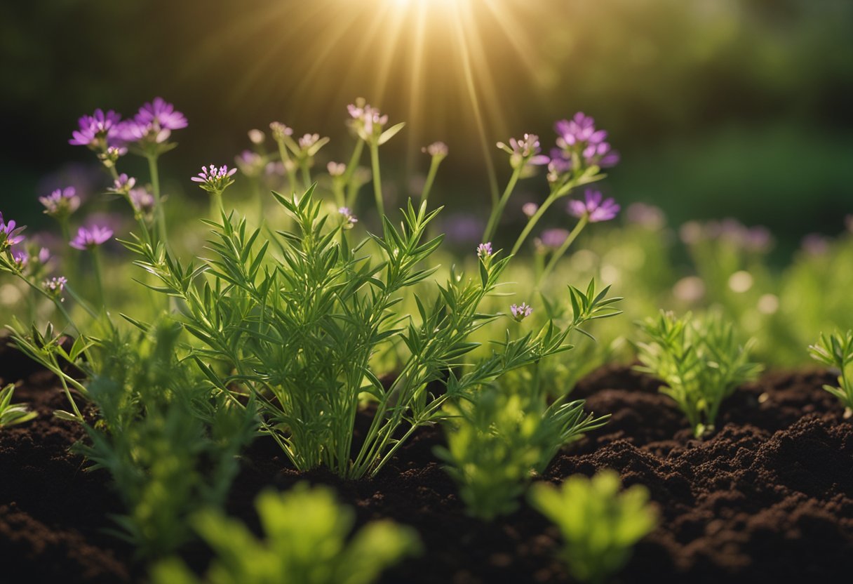 A black caraway plant surrounded by rich, dark soil, with delicate green leaves and small, vibrant flowers, set against a backdrop of warm sunlight