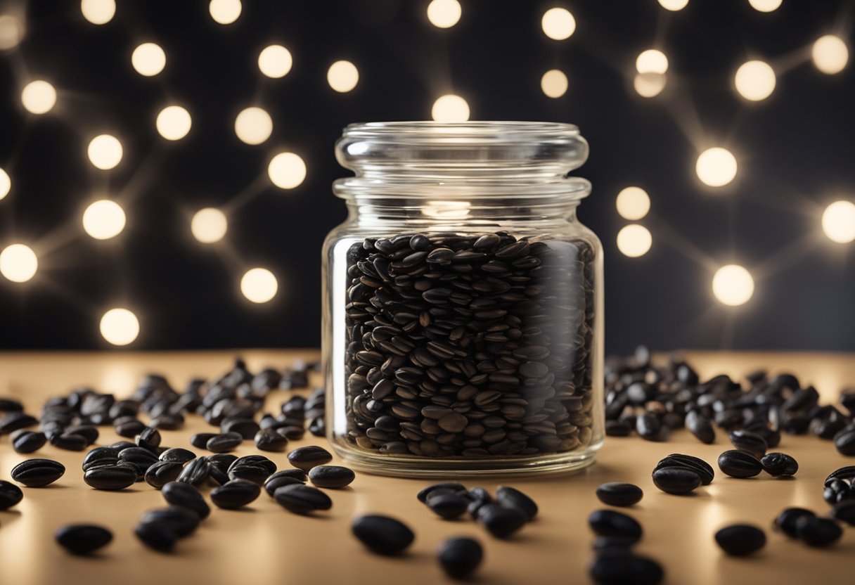 A jar of black caraway seeds surrounded by various question marks and a spotlight shining down on it