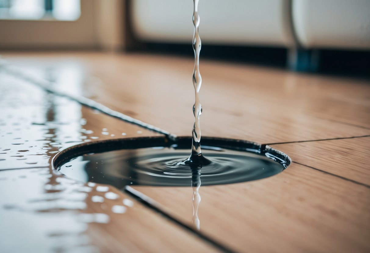 Water seeping from a crack in a laminate floor, forming a small puddle with ripples