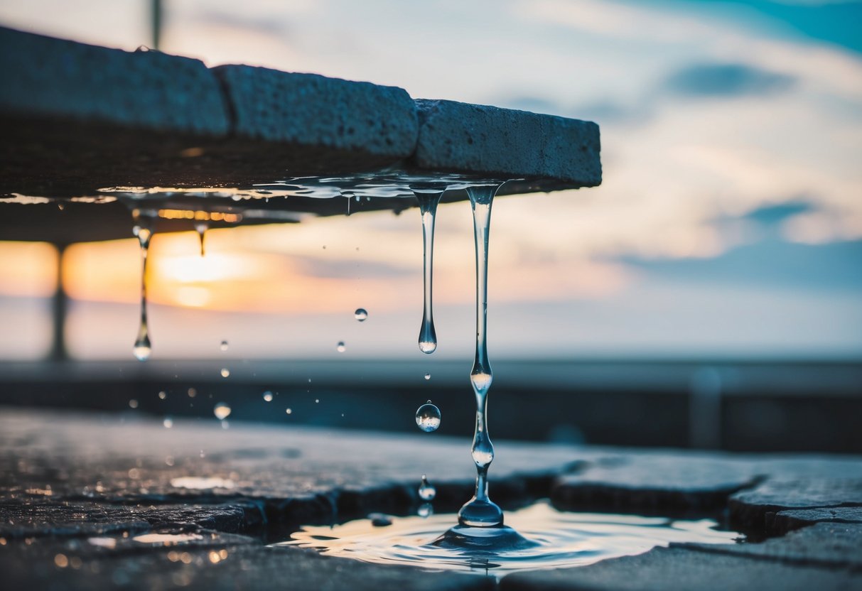 Water drips from a cracked slab onto the ground below