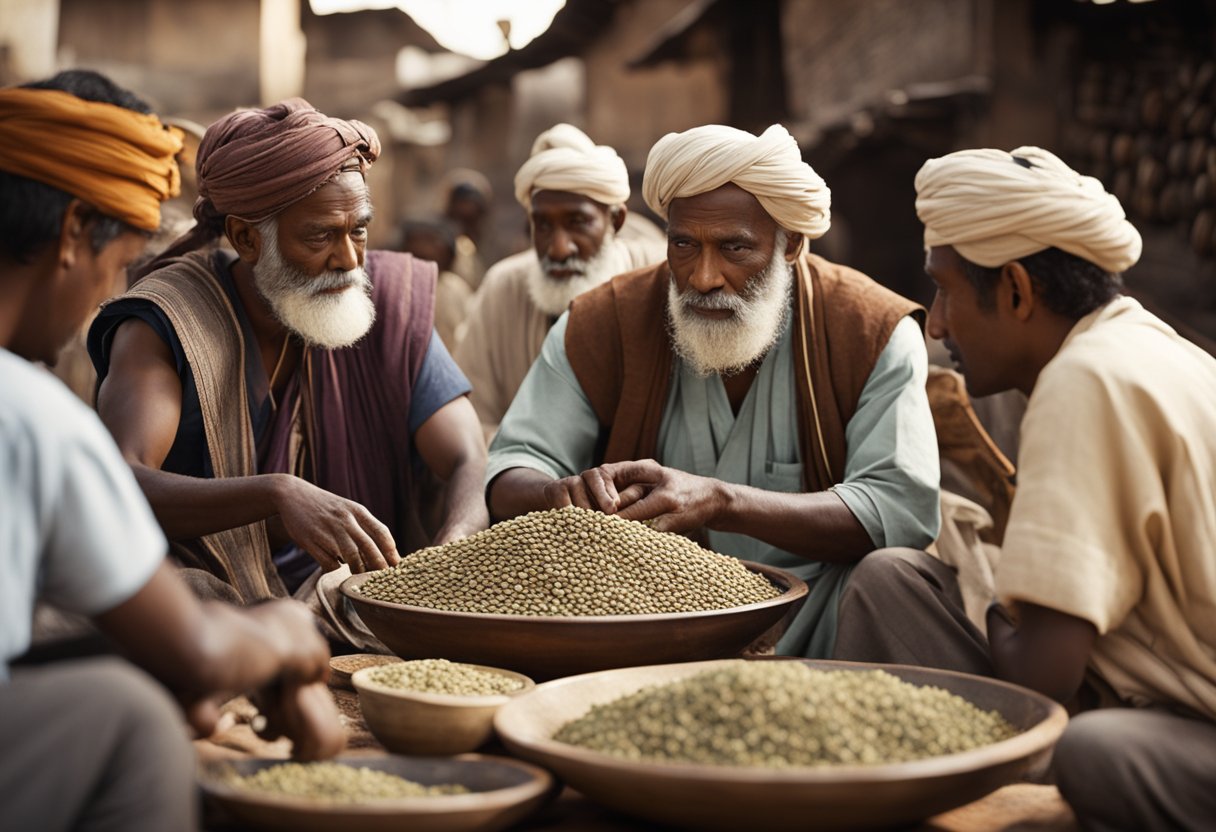 A group of ancient traders gather around a table, exchanging bags of kalonji seeds while discussing their culinary uses