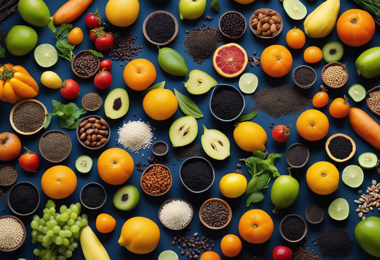 A variety of seeds and plants, including black cumin seeds, surrounded by colorful fruits and vegetables, with a backdrop of a clear blue sky