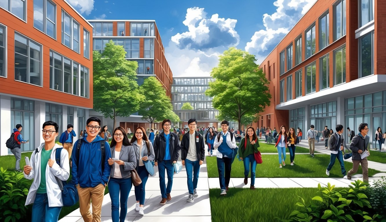 Modern binalar ve yeşil alanlar arasında yürüyen öğrencilerle dolup taşan bir üniversite kampüsü, akademik yaşamın enerjisiyle çevrili.