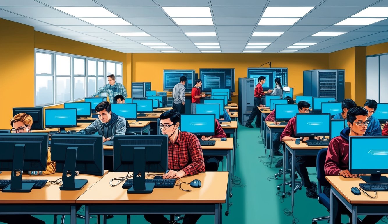 Öğrencilerin masalarında çalıştığı, bilgisayar monitörleri ve teknik ekipmanlarla çevrili hareketli bir bilgisayar mühendisliği sınıfı