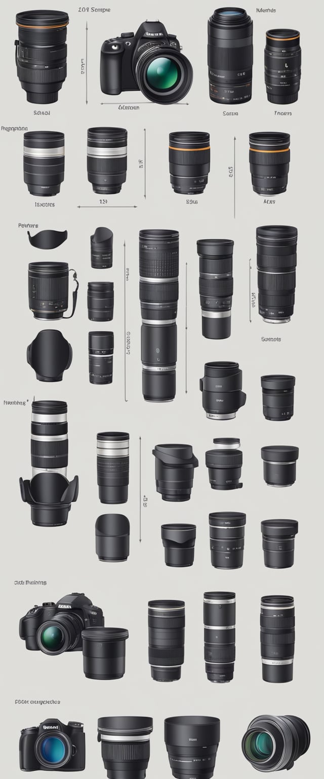 A photographer's workspace with various camera lenses laid out, each labeled with its specific use