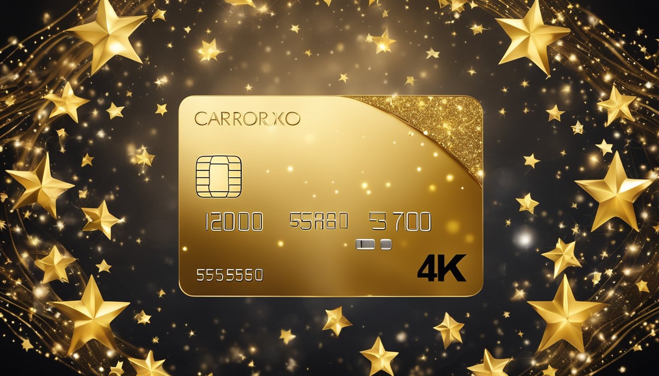 Um cartão de crédito luxuoso e dourado cercado por um halo de estrelas cintilantes e um laço de linhas elegantes e fluidas