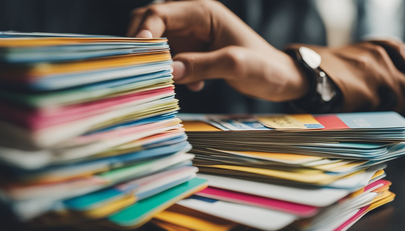 Uma pessoa folheando uma pilha de cartões coloridos e organizados rotulados "Perguntas Frequentes cartão santander."