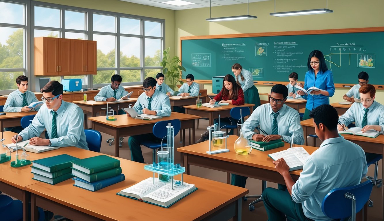 Biyoloji kitapları ve laboratuvar ekipmanlarıyla dolu bir sınıf, öğrencilerin ders çalıştığı ve deneyler yaptığı bir ortamda.