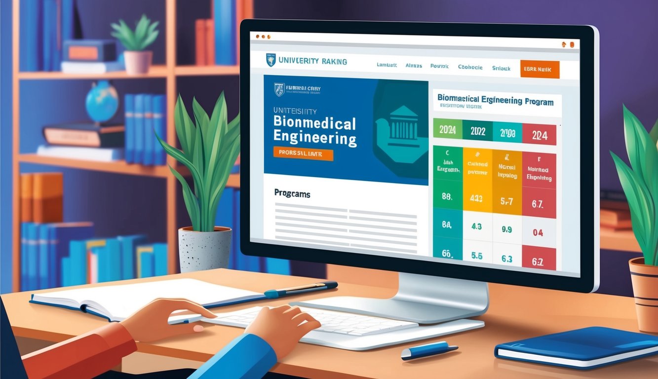 2024 yılı için Biyomedikal Mühendislik programına odaklanan bir üniversite sıralama web sitesi, bir bilgisayar ekranında görüntüleniyor.