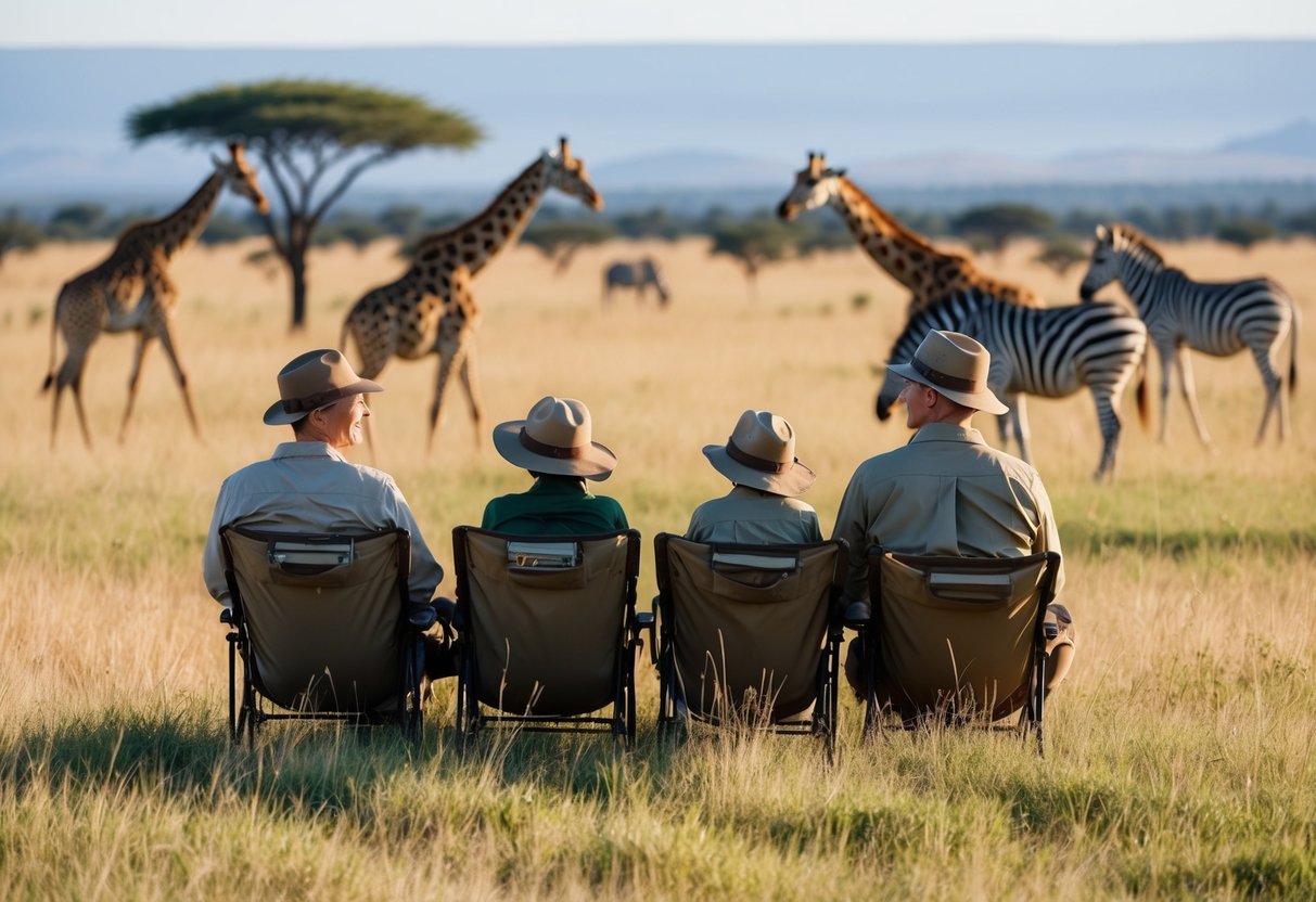 A family enjoying a safari in the Maasai Mara National Reserve, with giraffes and zebras grazing in the distance