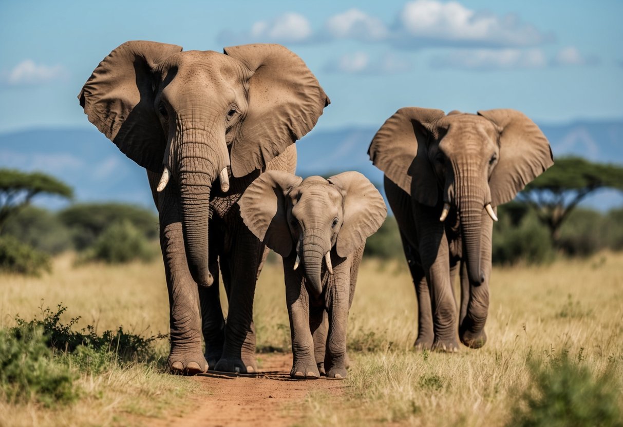 A family of elephants roam the savanna, with a backdrop of lush greenery and a clear blue sky in Kenya's wildlife and natural attractions