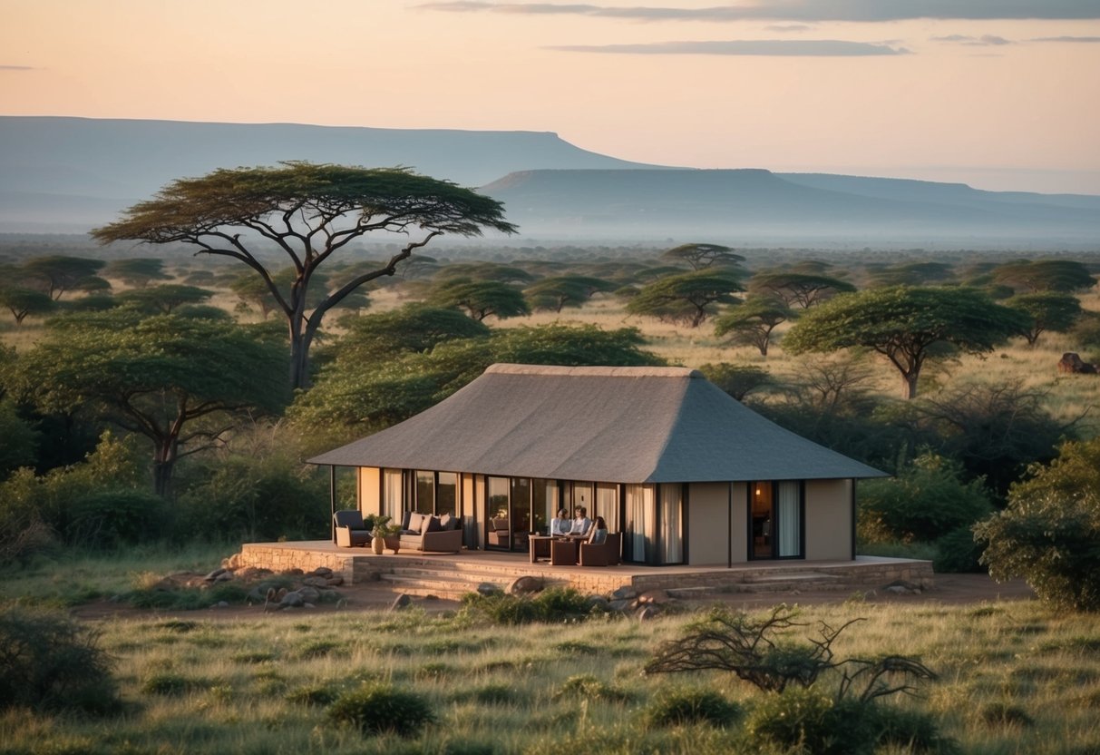 A serene safari lodge nestled in the Kenyan savanna, surrounded by lush greenery and wildlife. A family enjoys the view from their cozy accommodations