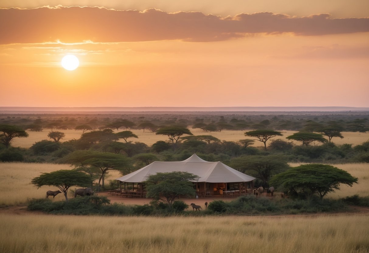 A serene savanna landscape with wildlife, lush vegetation, and a family-friendly conservation center in Kenya