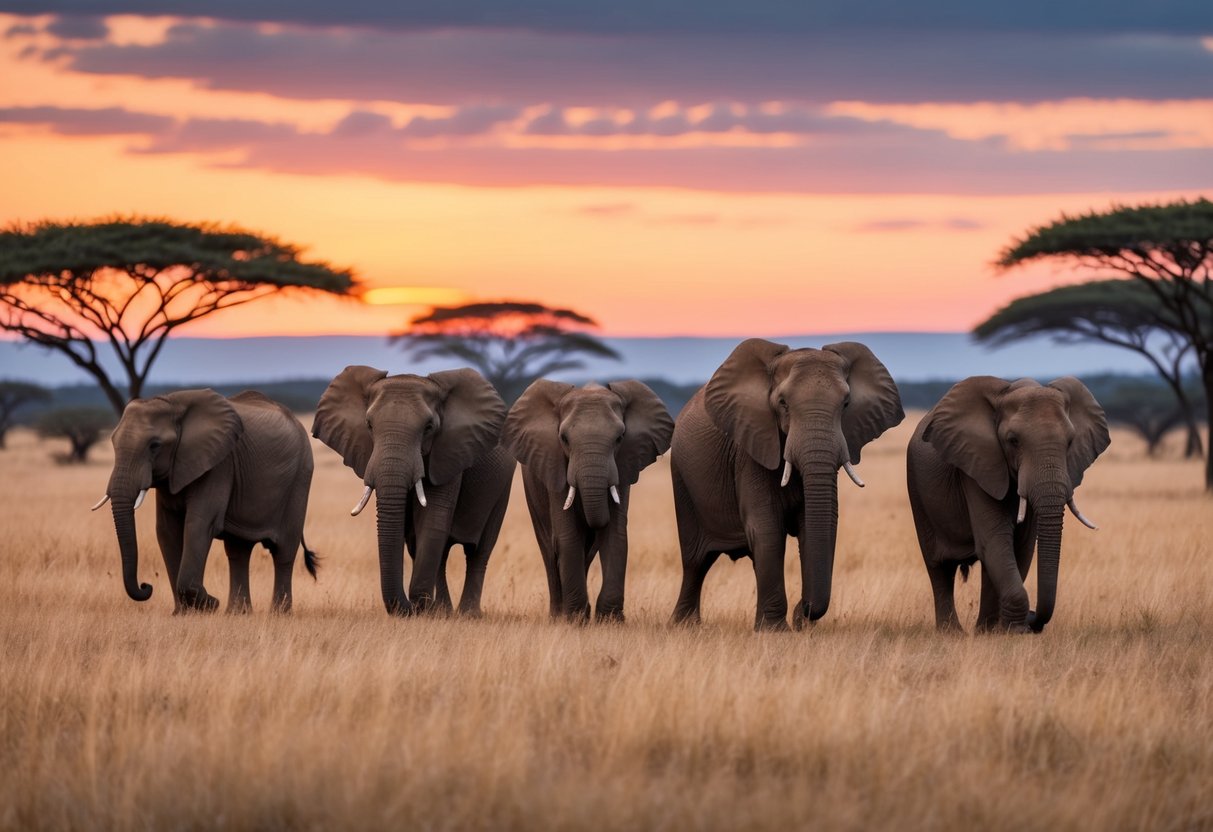 A family of elephants roam across the savannah, with a backdrop of acacia trees and a colorful sunset in the distance