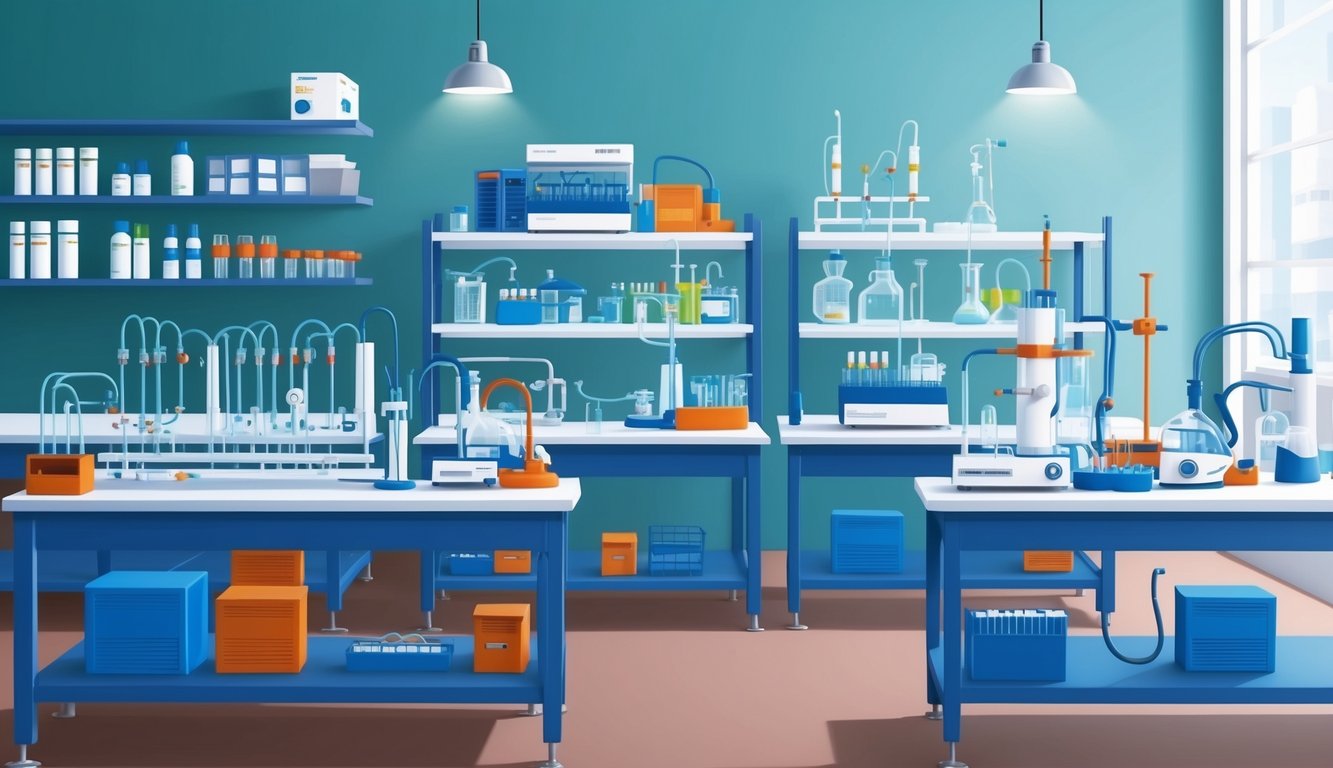 Masalarda ve raflarda düzenlenmiş bilimsel ekipman ve biyoteknoloji araçlarıyla bir laboratuvar ortamı