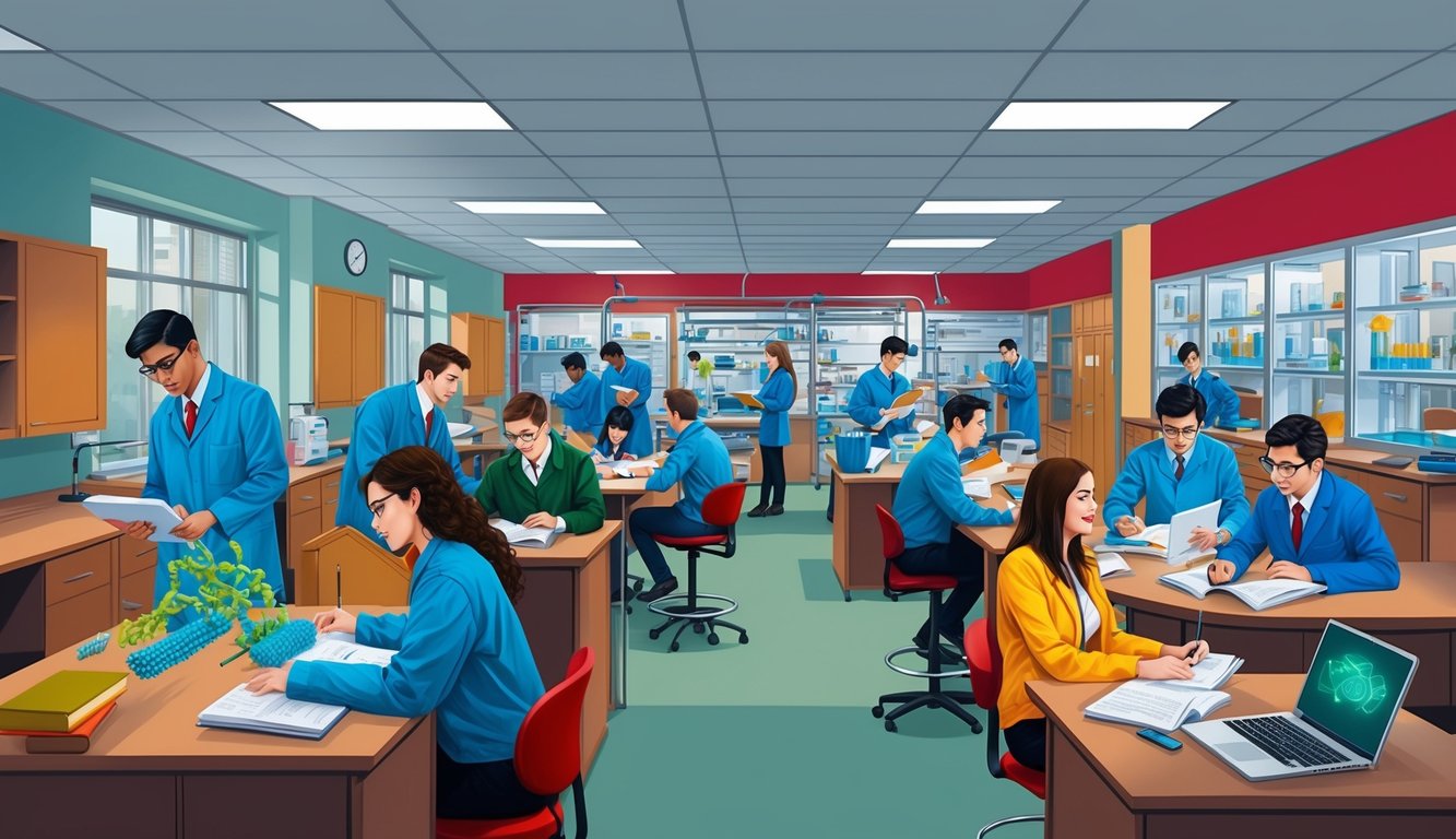 Öğrencilerin biyoteknoloji laboratuvarlarında ve sınıflarında çalıştığı ve işbirliği yaptığı hareketli bir üniversite kampüsü