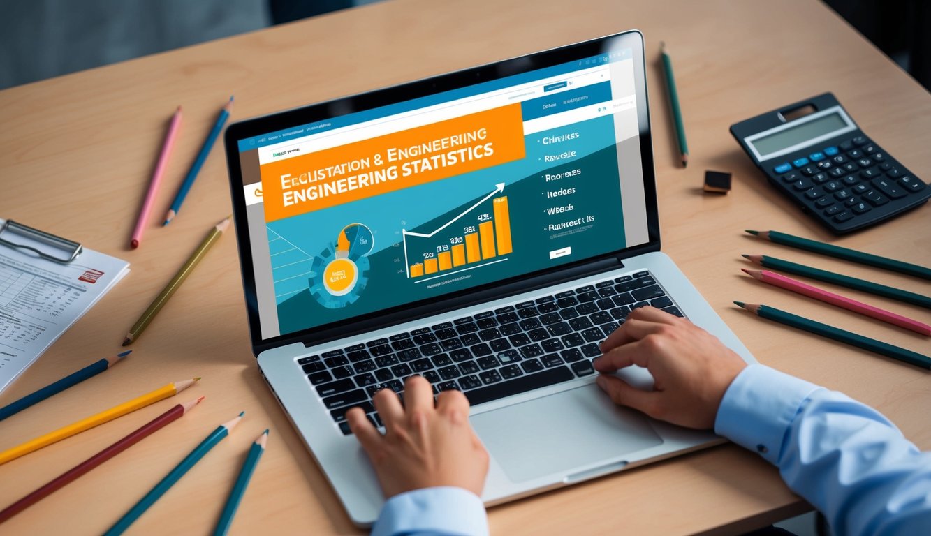 Mühendislik istatistikleri ve sıralamaları gösteren bir web sitesi açık bir dizüstü bilgisayar, dağınık kalemler ve bir hesap makinesi ile bir masanın üzerinde yer alıyor.