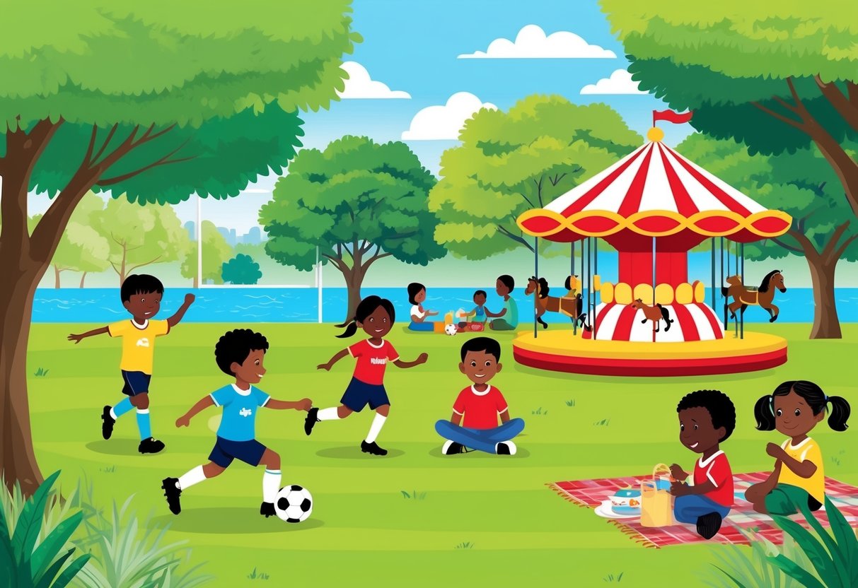 Children playing soccer in a grassy field, families picnicking under shady trees, and kids enjoying a carousel ride at a local park in Kenya