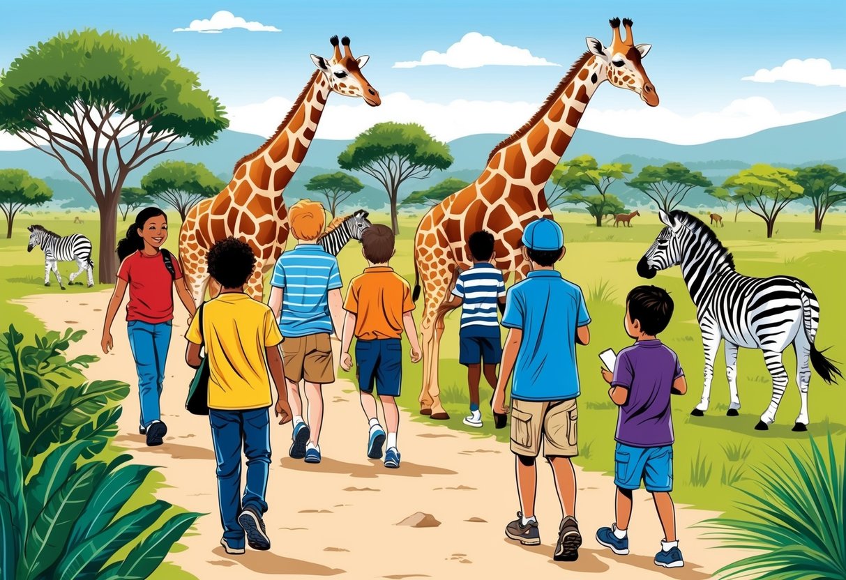 A group of children explore a wildlife reserve, spotting giraffes and zebras. A guide leads them on a nature walk, pointing out different plants and animals