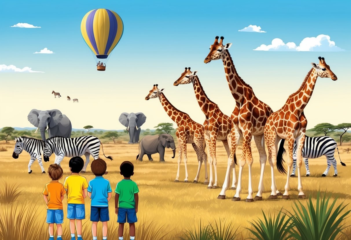 A group of children watching giraffes grazing on the savanna, while zebras and elephants roam in the distance. A hot air balloon floats above the landscape