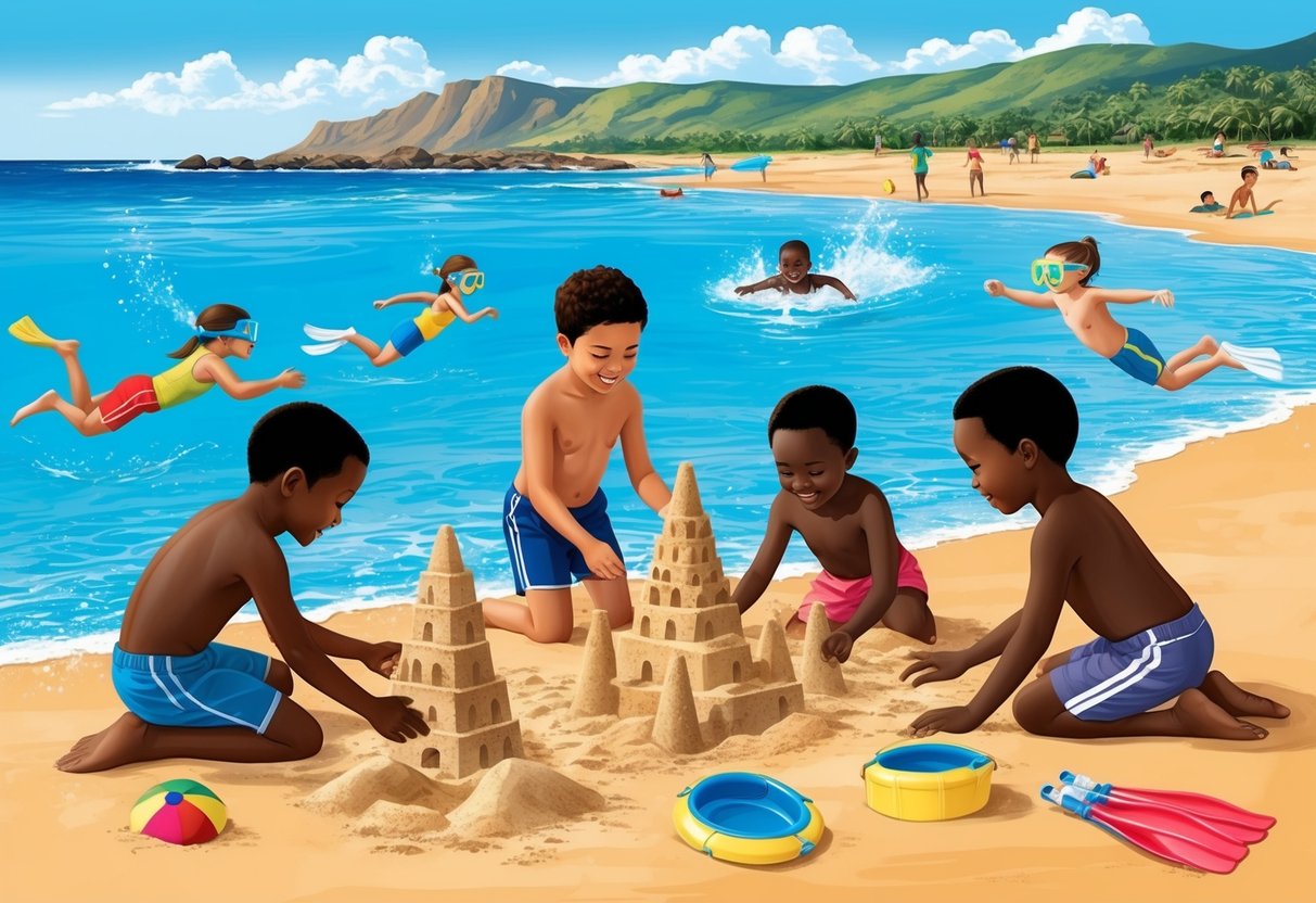 Children playing beach games, building sandcastles, swimming, and snorkeling in the clear blue waters off the coast of Kenya