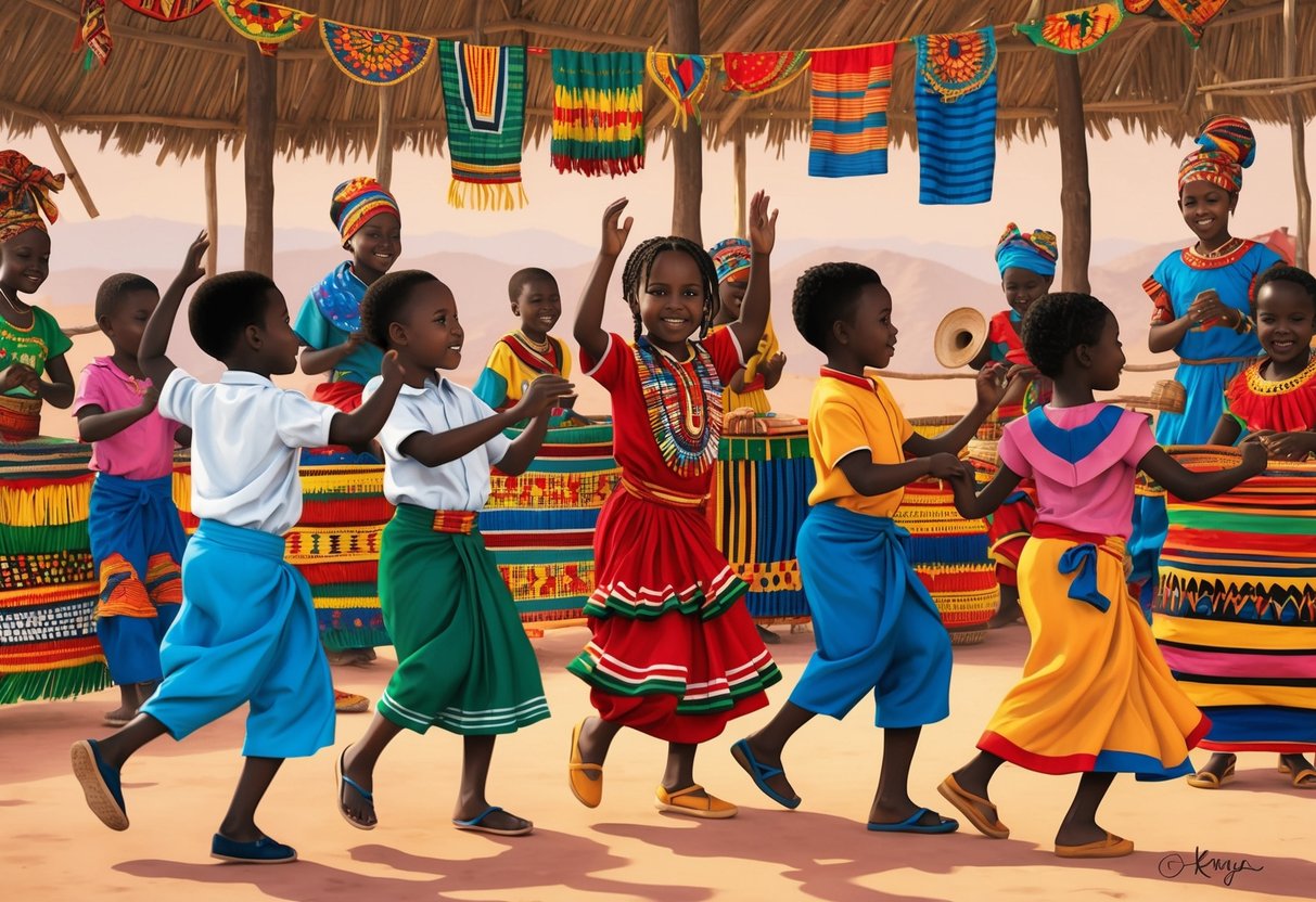 Children dancing to traditional music, surrounded by colorful crafts and vibrant fabrics at a cultural immersion event in Kenya