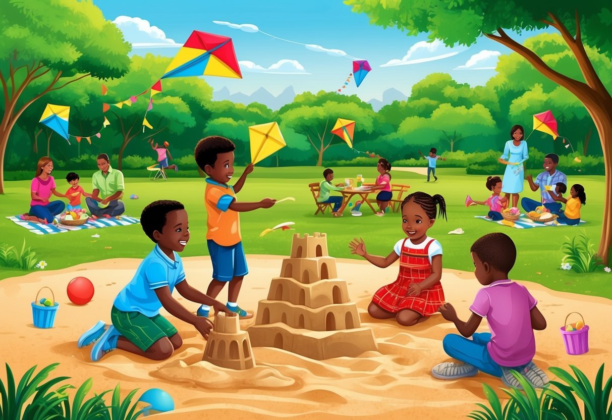 Children playing on a sandy beach, building sandcastles and flying kites, while families enjoy picnics and outdoor games in a lush green park in Kenya