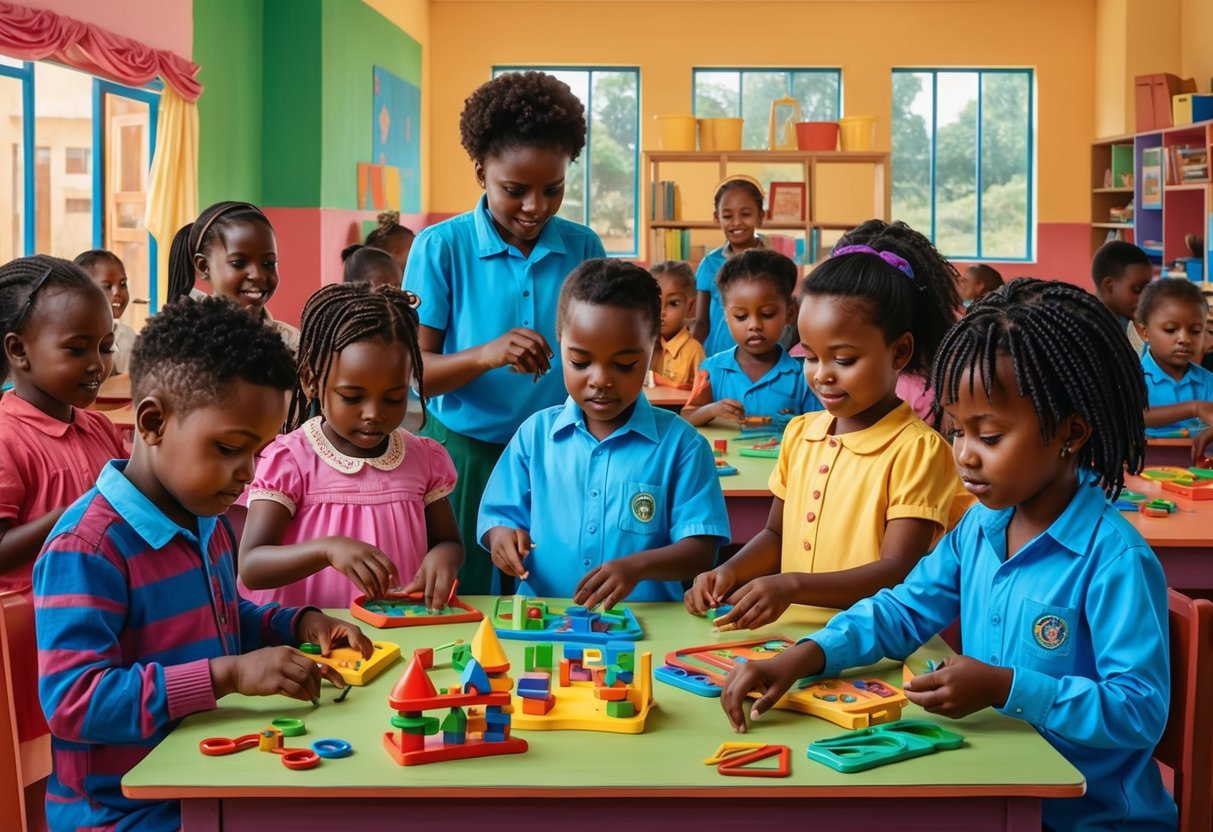 A group of children engage in hands-on learning activities at a colorful and vibrant educational center in Kenya