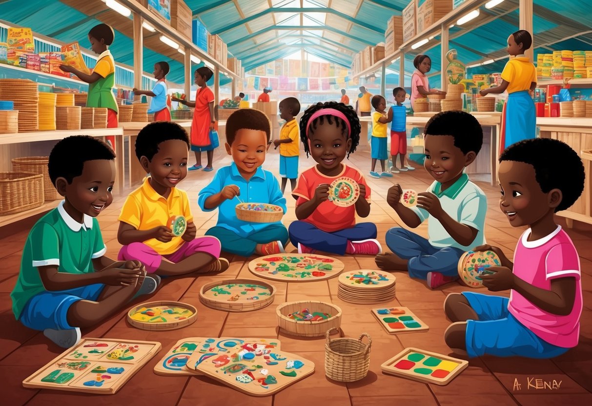 Children playing games and doing crafts in a vibrant and bustling market in Kenya. Families engage in fun and educational activities together