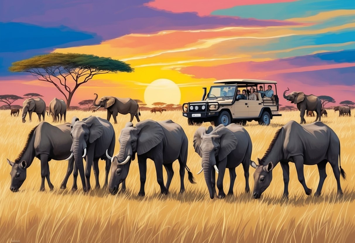 A group of wild animals grazing on the savannah, with a family safari vehicle in the background and a colorful sunset sky