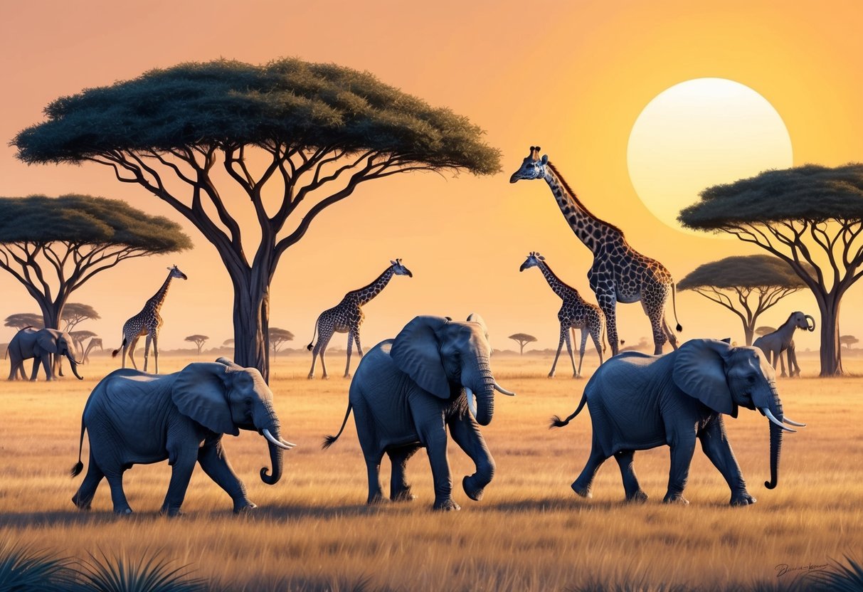 A family of elephants roam freely across the vast savannah, while giraffes gracefully graze on the treetops in the distance. The warm, golden sun sets behind the iconic acacia trees, casting a beautiful glow over the landscape