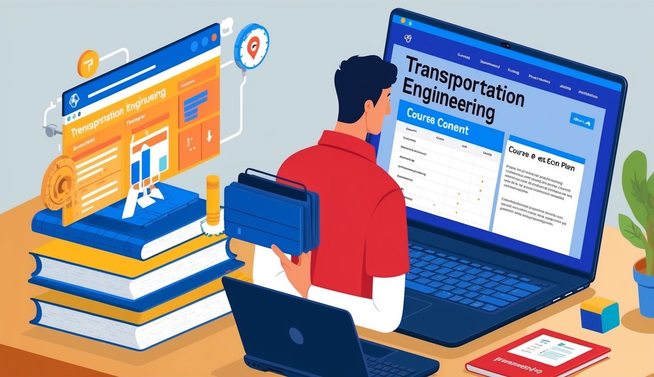 Bir dizüstü bilgisayarı açık olan ve ders içeriği ile ders planlarını gösteren bir web sayfasına bakan ulaşım mühendisliği öğrencisi.