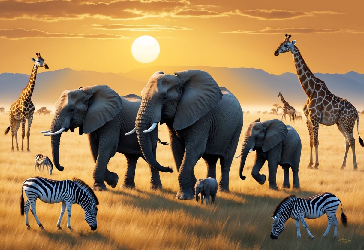 A family of elephants roam across the vast savanna, with giraffes and zebras grazing nearby. The golden sun sets behind the distant mountains