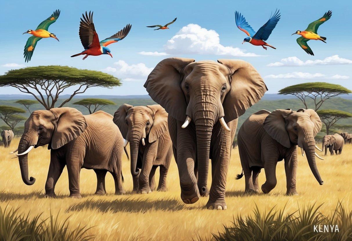 A family of elephants roam freely in the lush savannah of Kenya, while colorful birds fly overhead