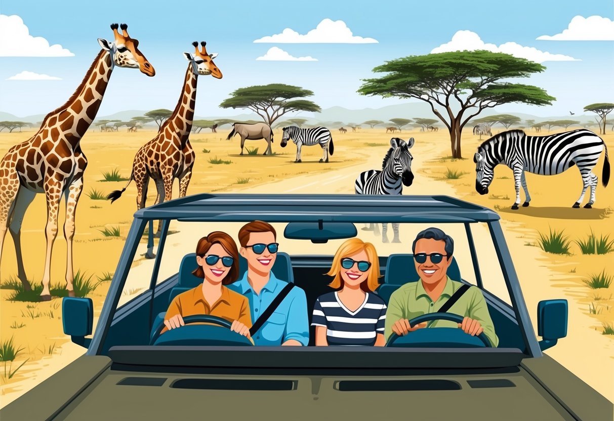 A family of four on a guided safari drive, spotting giraffes and zebras in the Kenyan savannah, with a knowledgeable guide pointing out interesting wildlife