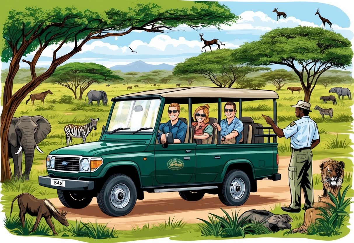 A family of four on a safari in Kenya, surrounded by wildlife and lush greenery, with a guide pointing out animals in the distance