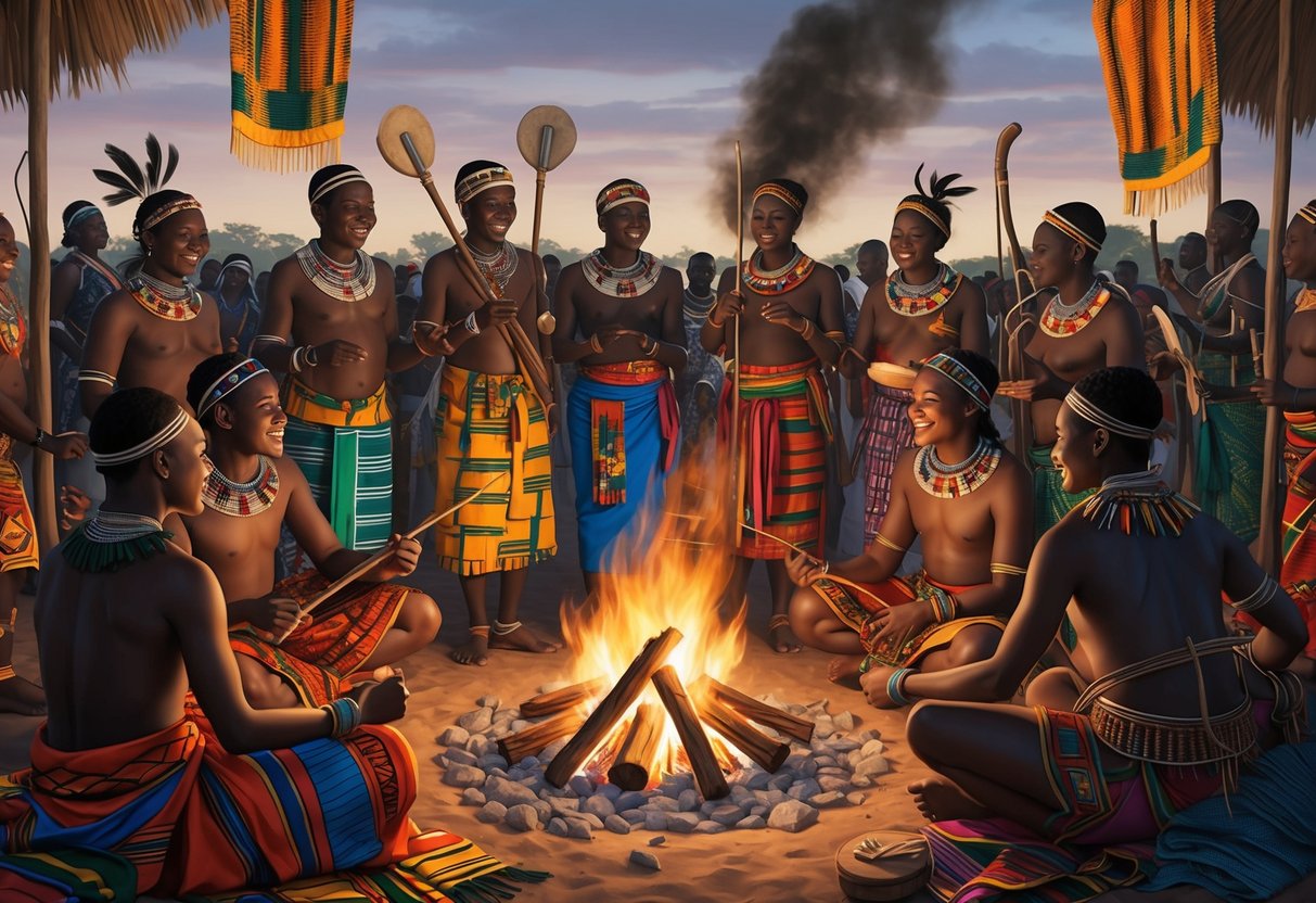 A group of Kenyan tribes gather around a bonfire, engaging in traditional cultural activities, while colorful fabrics and musical instruments adorn the scene