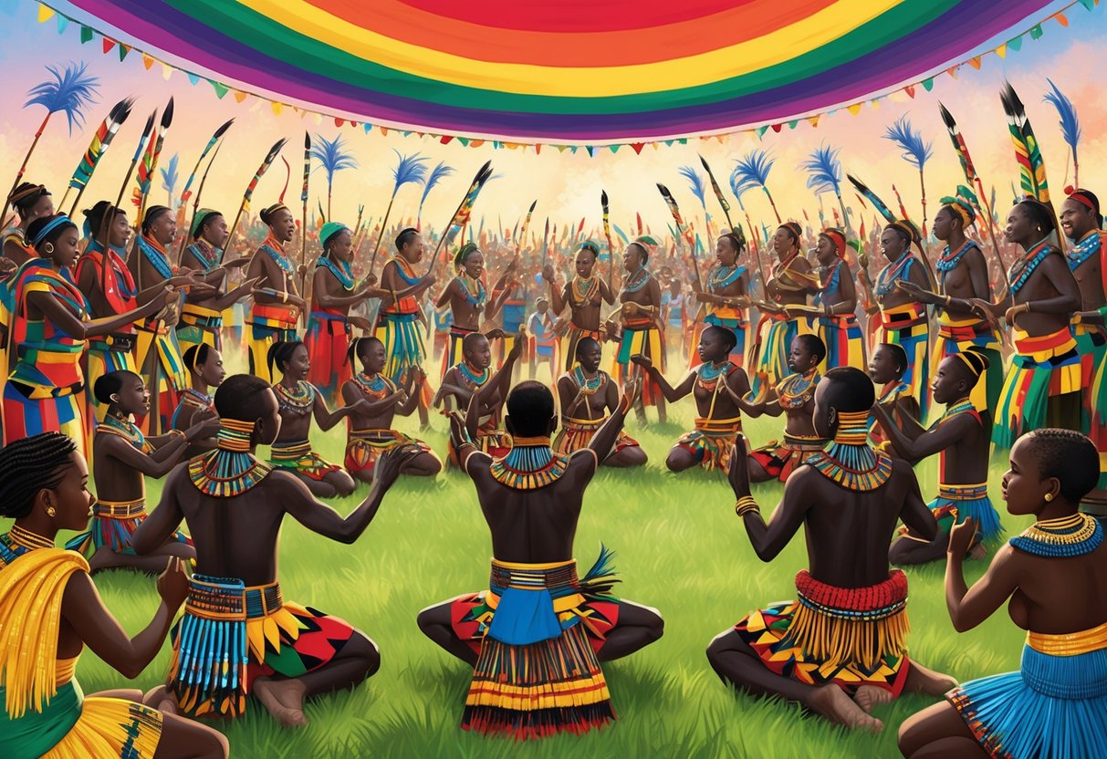 A group of Kenyan tribes gather for a festive ceremony, showcasing traditional dances and cultural activities, surrounded by vibrant colors and lively music