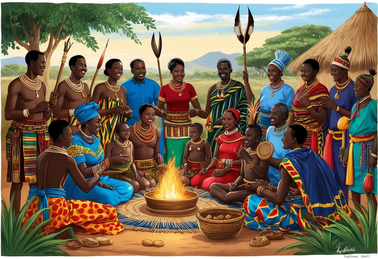 A traditional Kenyan family gathering, with members of different tribes engaging in cultural activities and sharing experiences