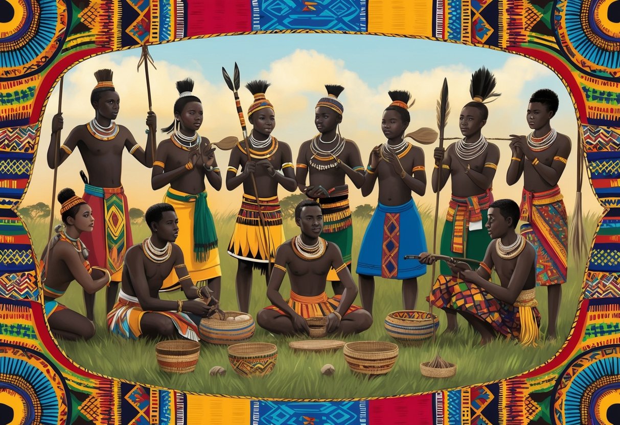 A group of people from different Kenyan tribes engage in traditional cultural activities, surrounded by the vibrant colors and patterns of their neighboring countries' cultural influences