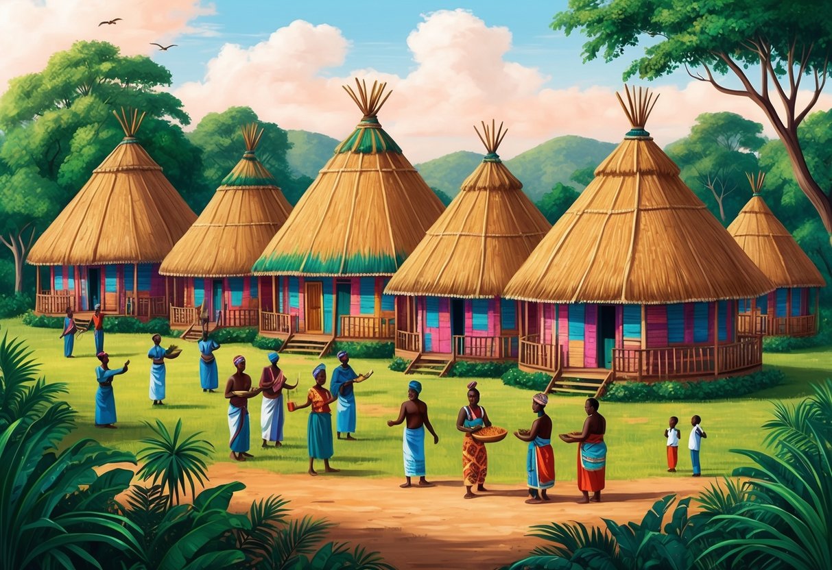 A group of colorful traditional Kenyan huts surrounded by lush greenery, with people engaging in cultural activities and traditional ceremonies