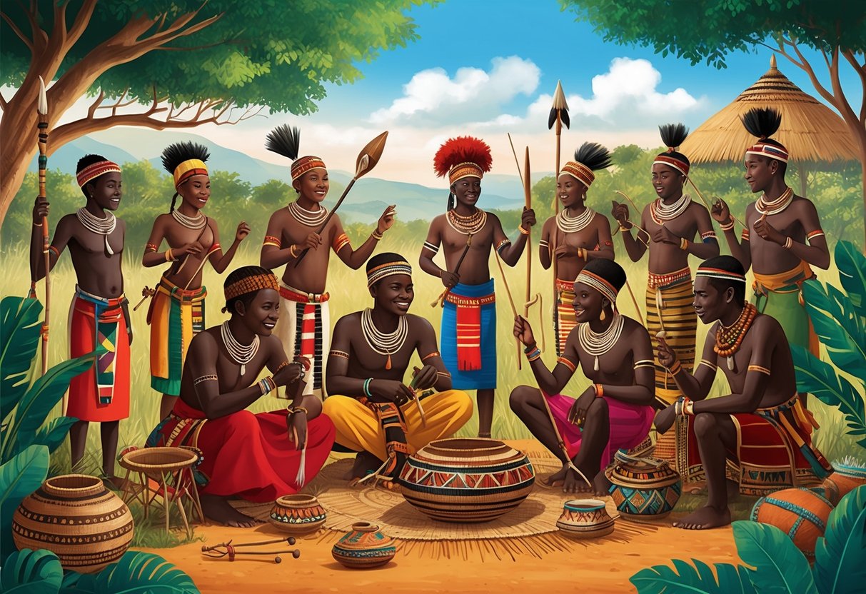 A group of people from different Kenyan tribes engage in traditional cultural activities, surrounded by vibrant scenery and traditional artifacts