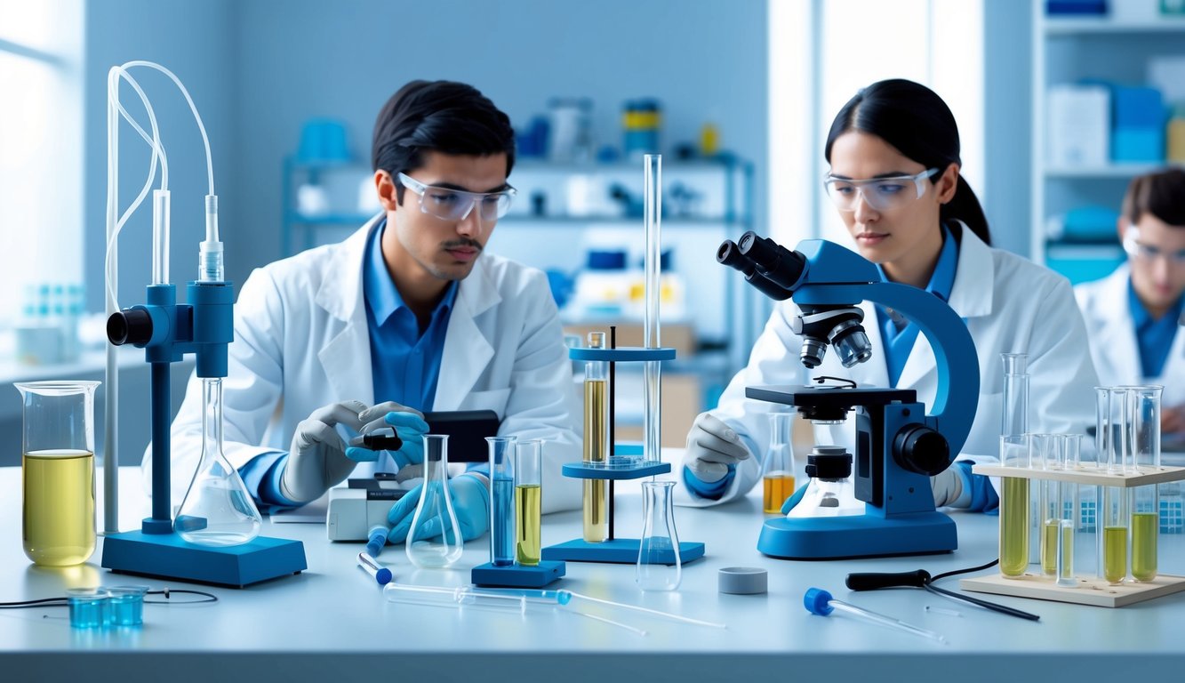 Mikroskoplar, beherler ve deney tüpleri gibi bilimsel ekipman ve araçlarla donatılmış bir laboratuvar ortamı. Atmosfer, çeşitli deneyler üzerinde titizlikle çalışan araştırmacılarla odaklanmış ve çalışkan bir havaya sahip.
